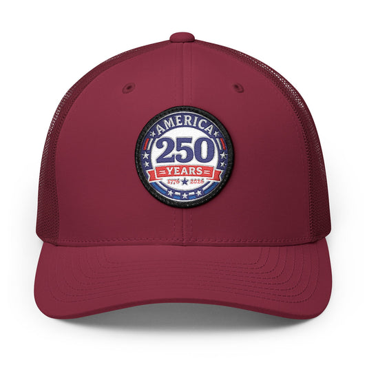 Maroon cap with 'America 250 Years' patch on a white background