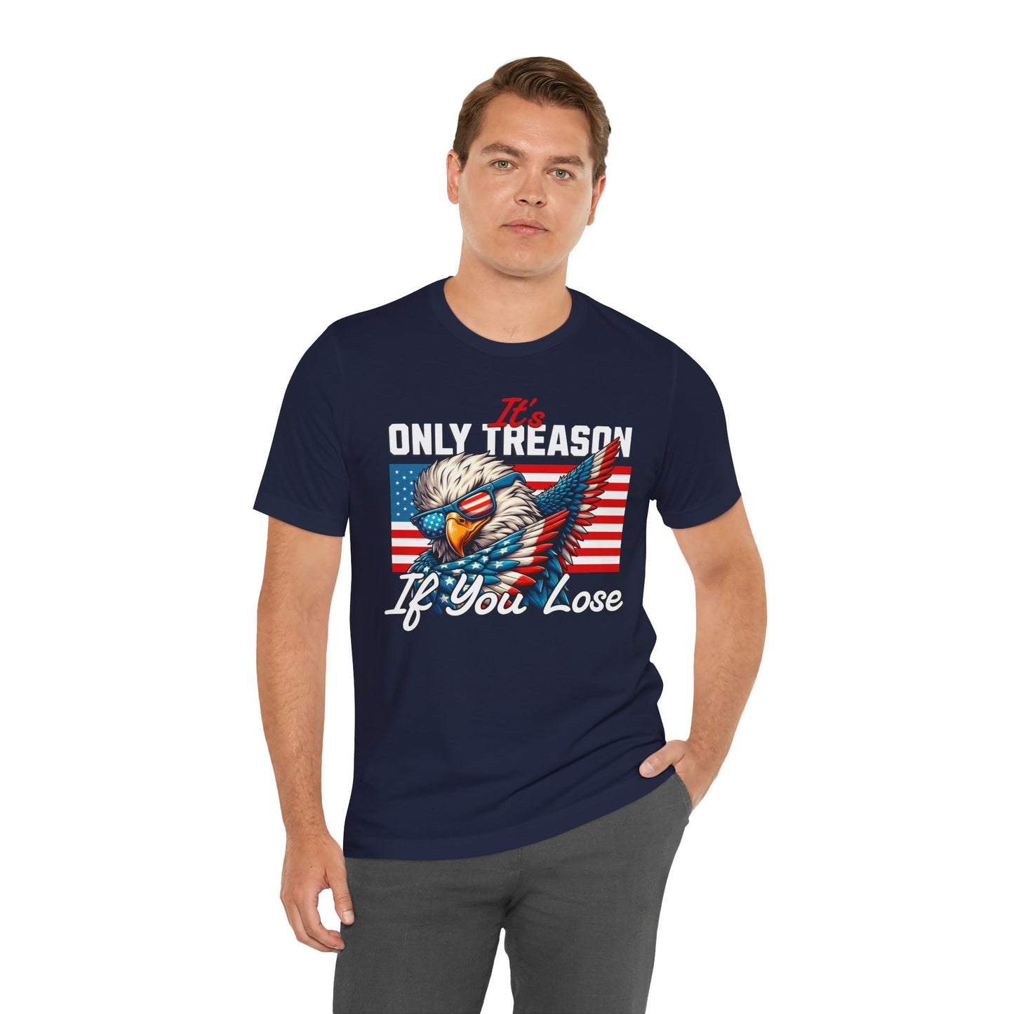 Man wearing a navy blue t-shirt with an eagle graphic and text on a white background
