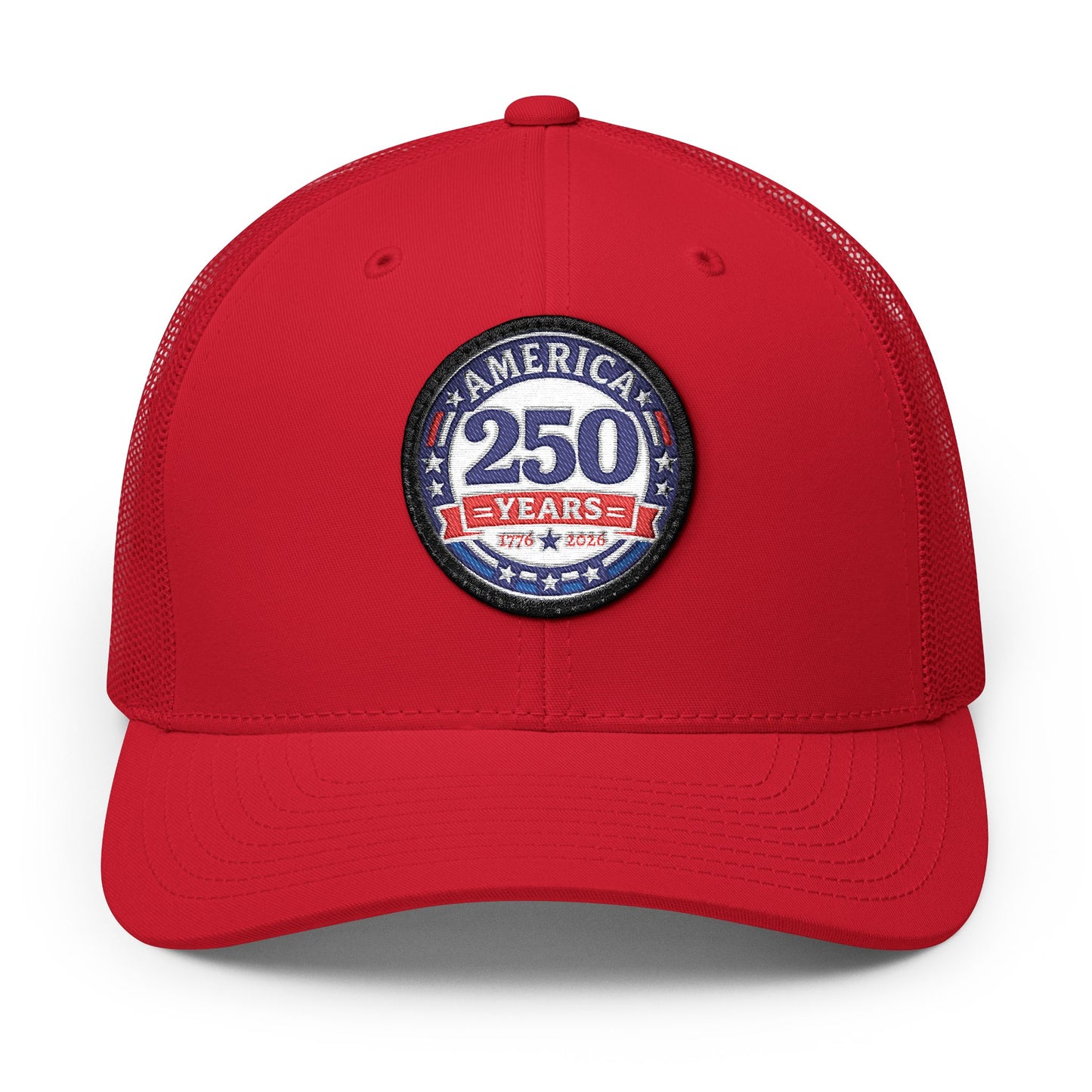Red cap with a 'America 250 Years' patch on a white background