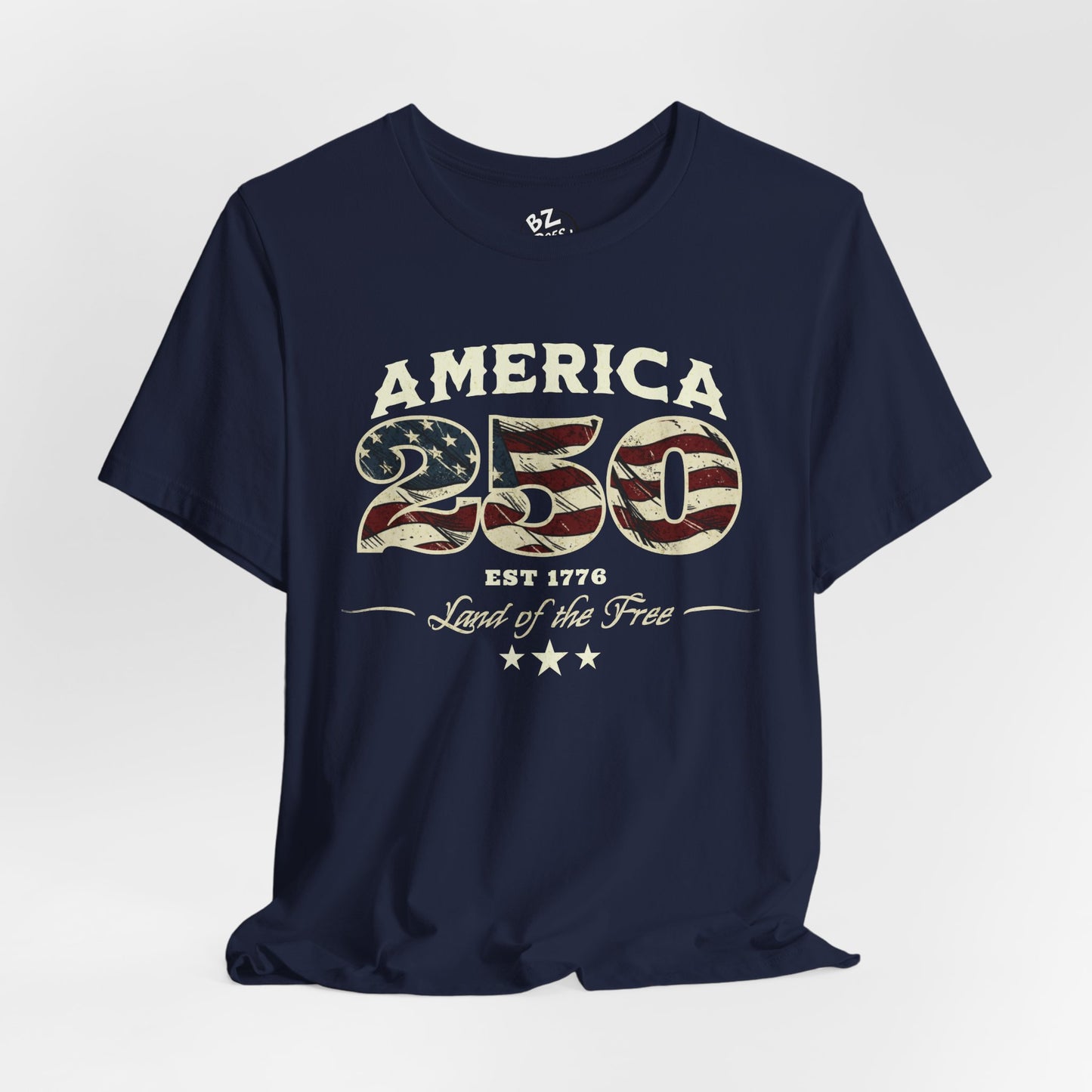 Navy  t-shirt with 'America 250' design on a white background