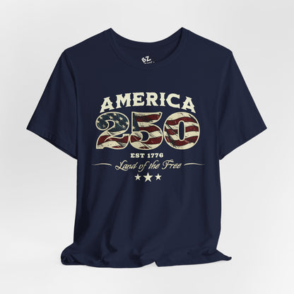 Navy  t-shirt with 'America 250' design on a white background
