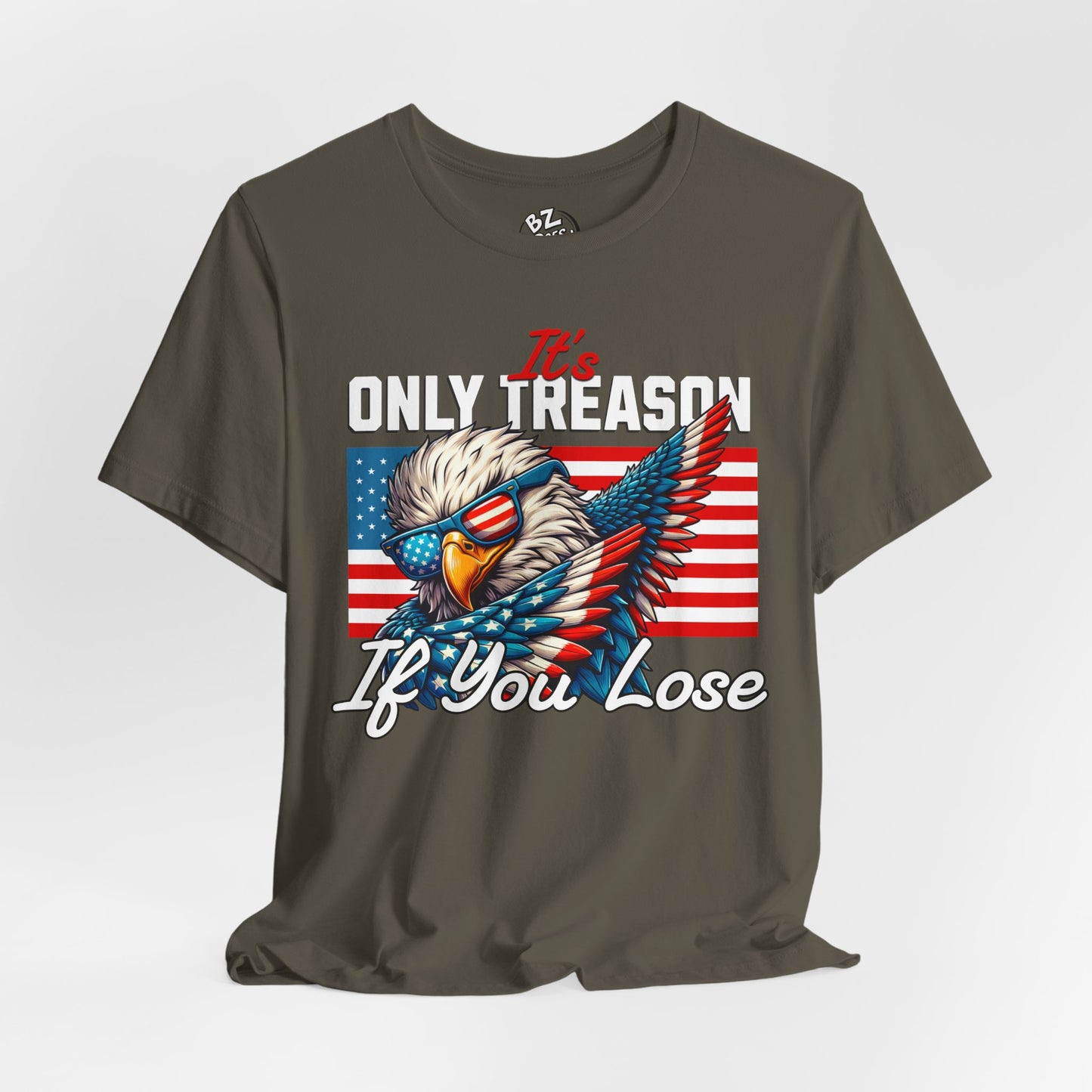 Army green T-shirt with an eagle graphic and text on a gray background