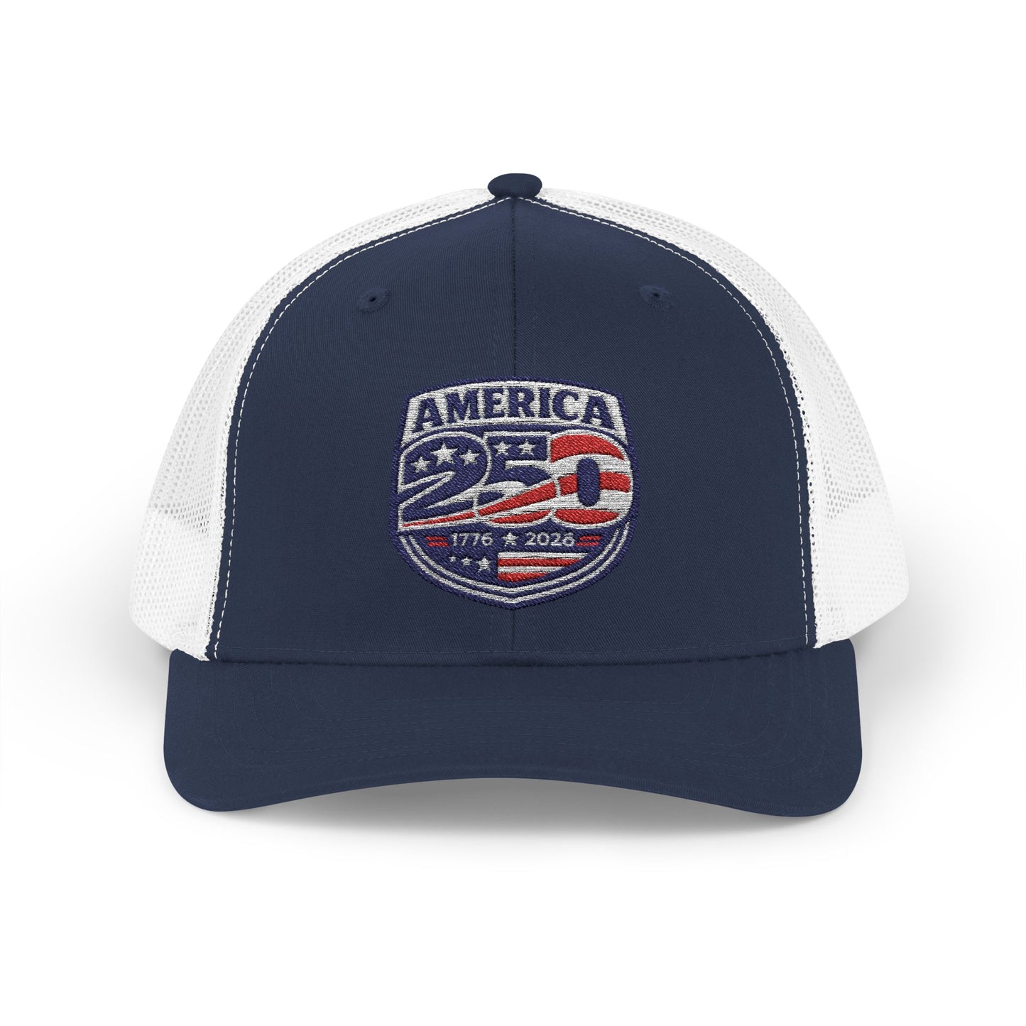 Navy and white cap with 'America 250' logo on a white background