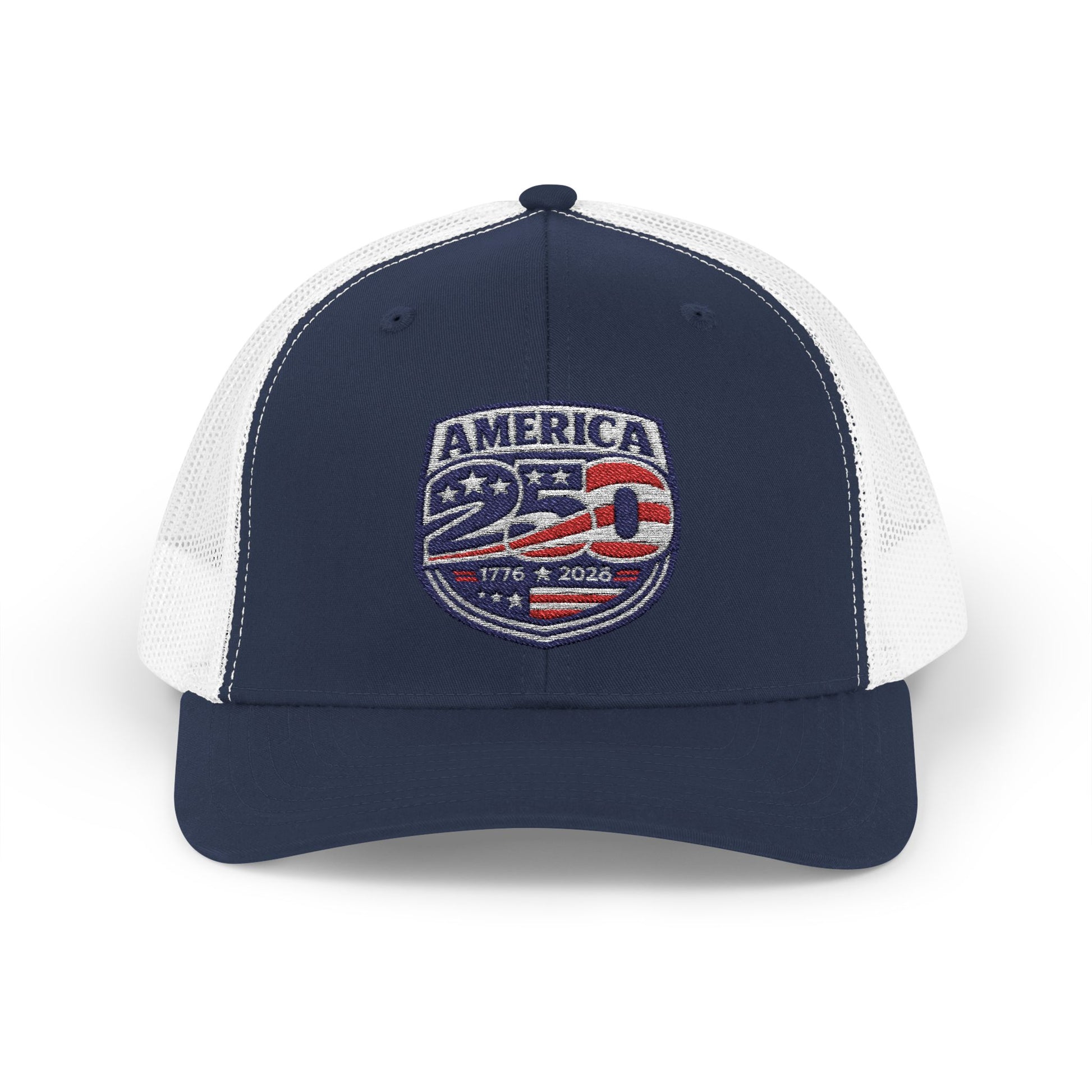 Navy and white cap with 'America 250' logo on a white background