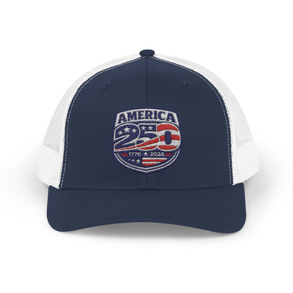 Navy and white cap with 'America 250' logo on a white background