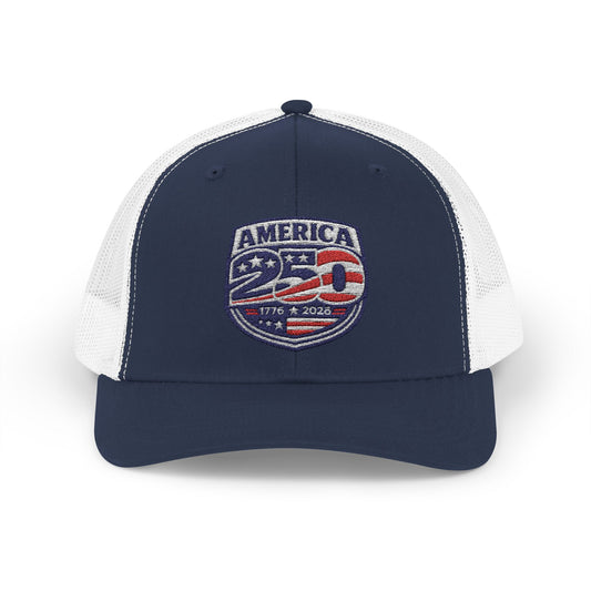 Navy and white cap with 'America 250' logo on a white background
