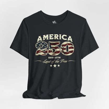 Black t-shirt with 'America 250' design on a white background