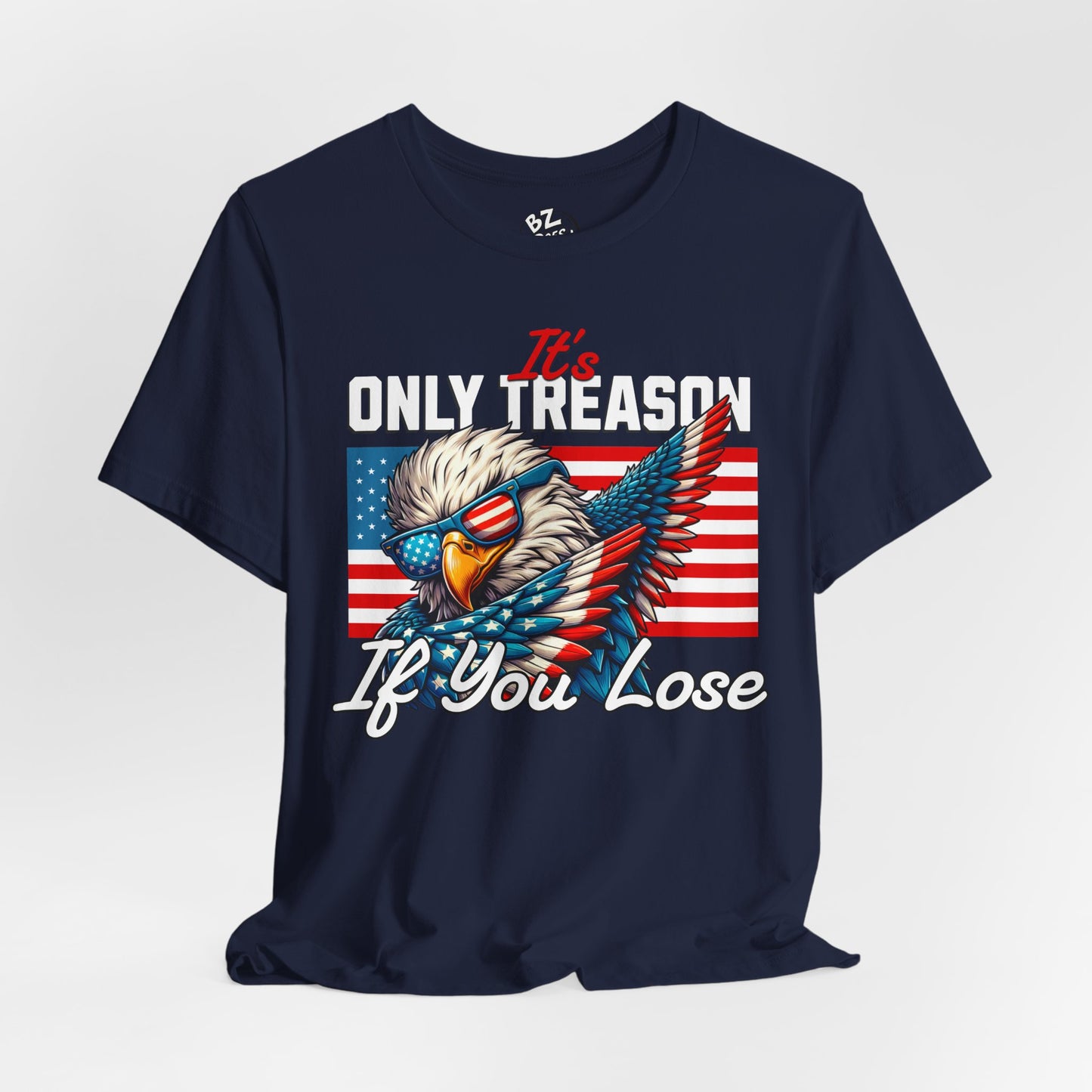 Navy blue t-shirt with an eagle graphic and text on a white background