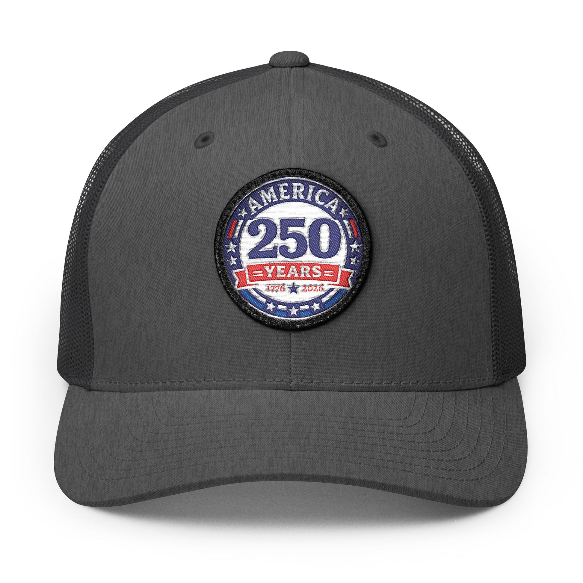Gray/Black Mesh cap with a 'America 250 Years' patch on a white background