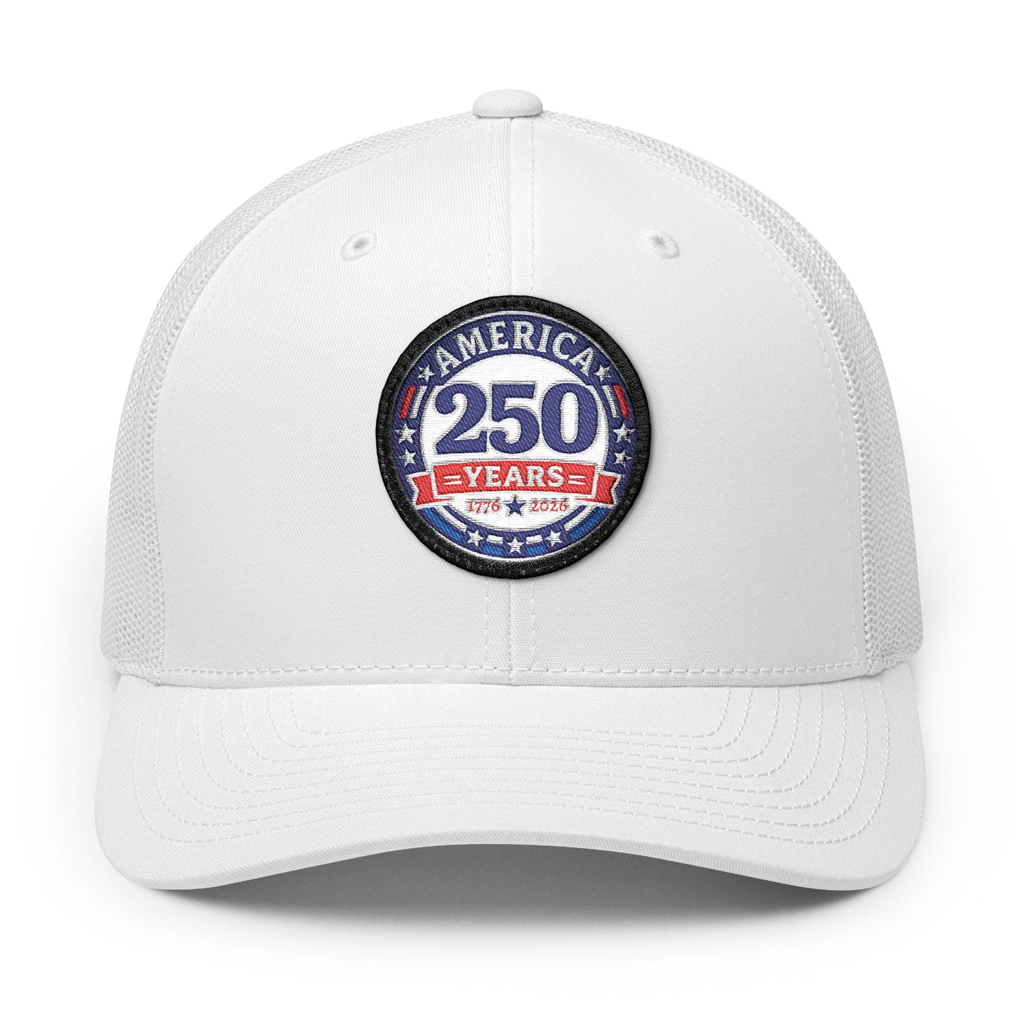 White cap with a 'America 250 Years' logo on a white background