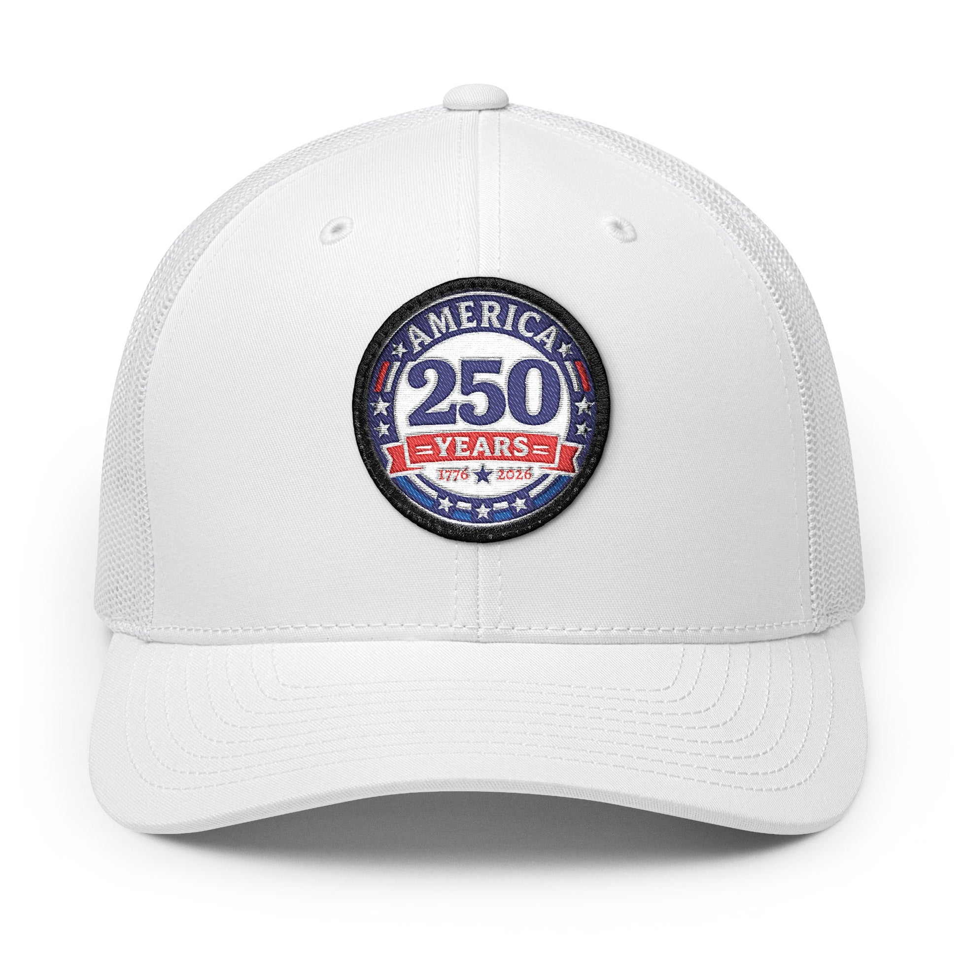 White cap with a 'America 250 Years' logo on a white background