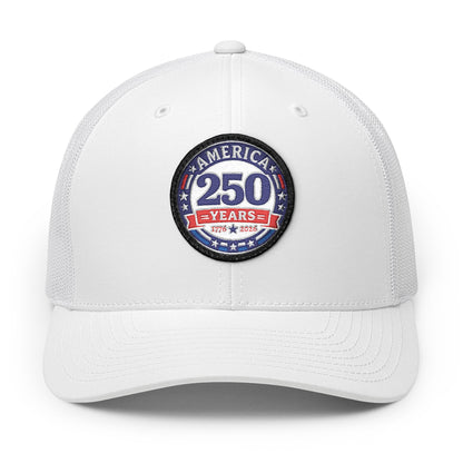 White cap with a 'America 250 Years' logo on a white background
