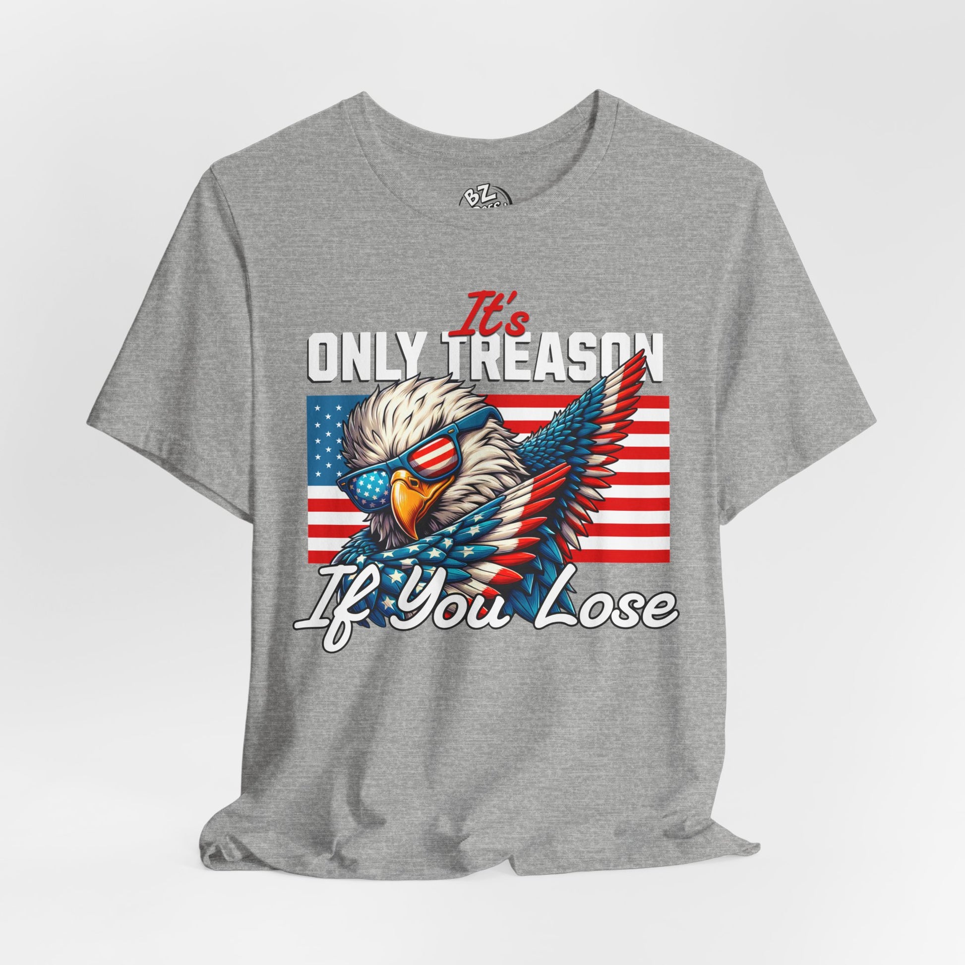 Gray t-shirt with an eagle graphic and text on a white background
