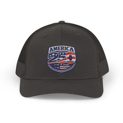 Black cap with 'America 250' logo on a white background