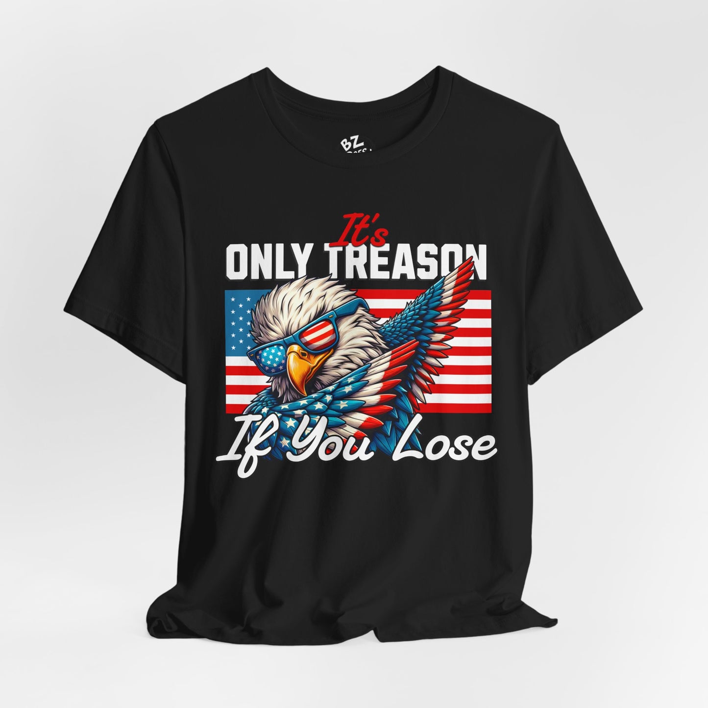 Black t-shirt with an eagle graphic and text on a white background