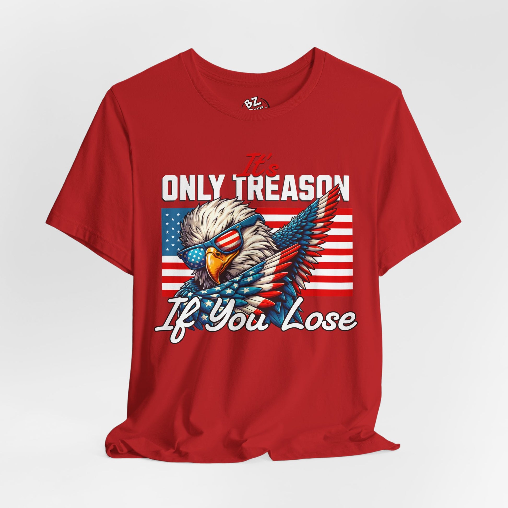Red t-shirt with an eagle graphic and text on a white background