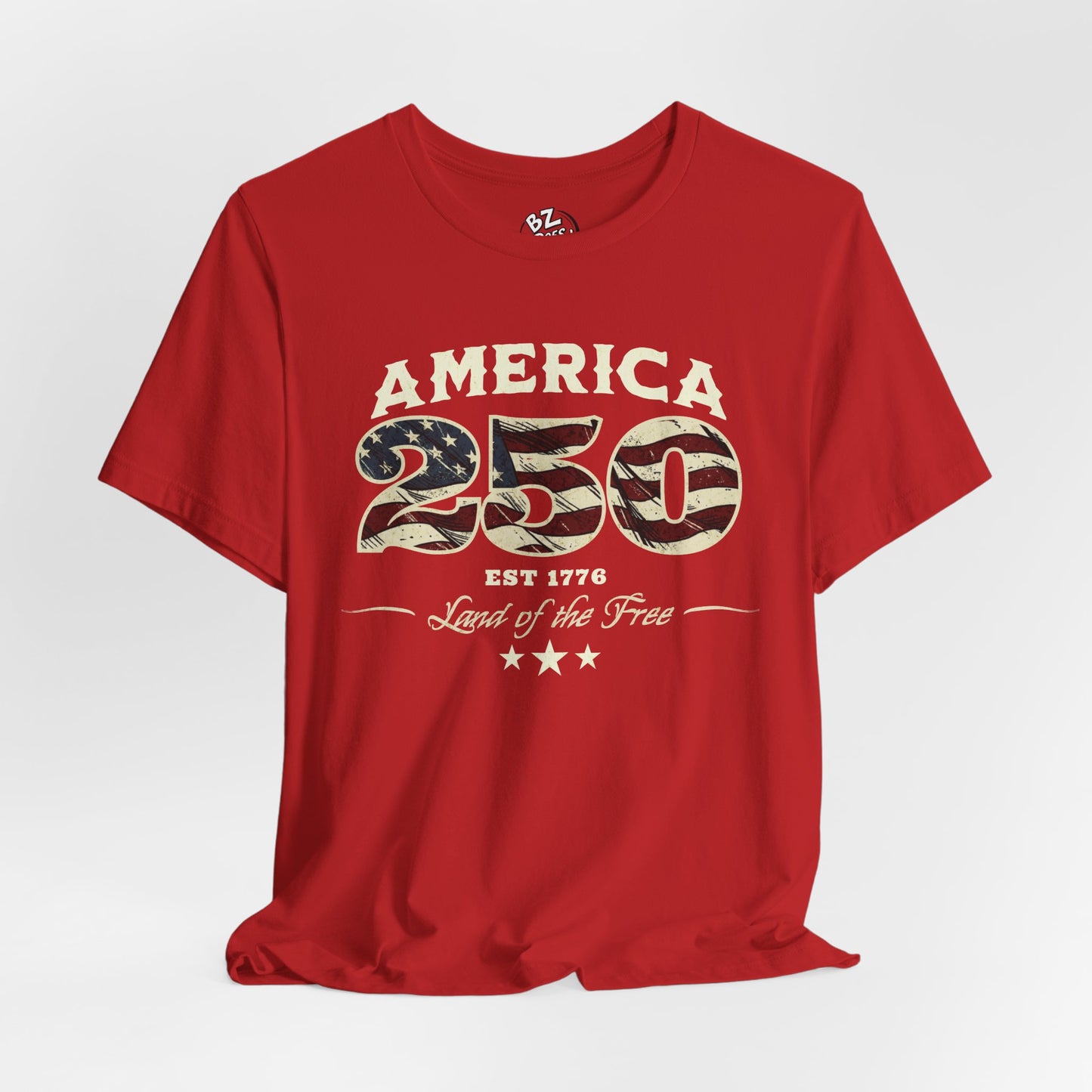 Red t-shirt with 'America 250' design on a white background