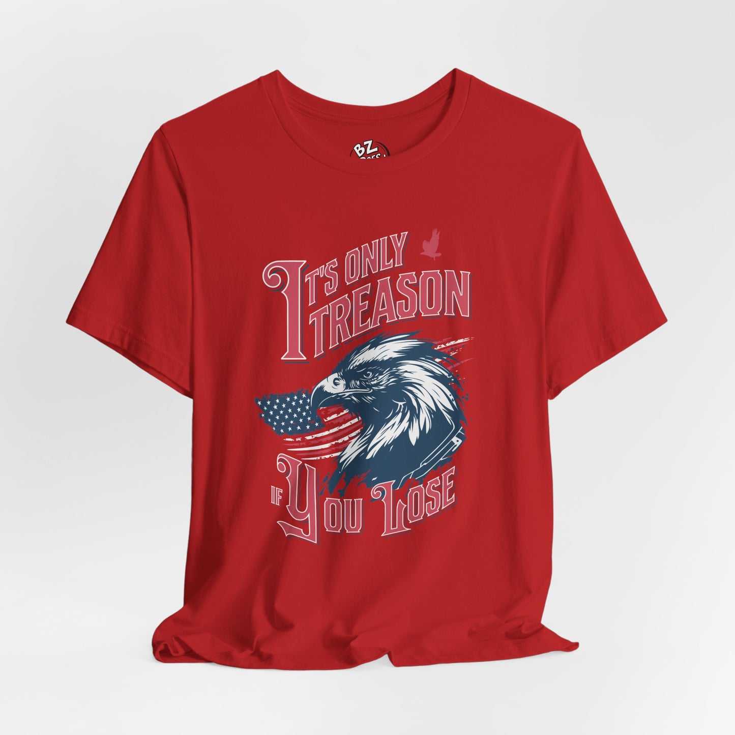 Red t-shirt with eagle graphic design of an eagle and text on a white background