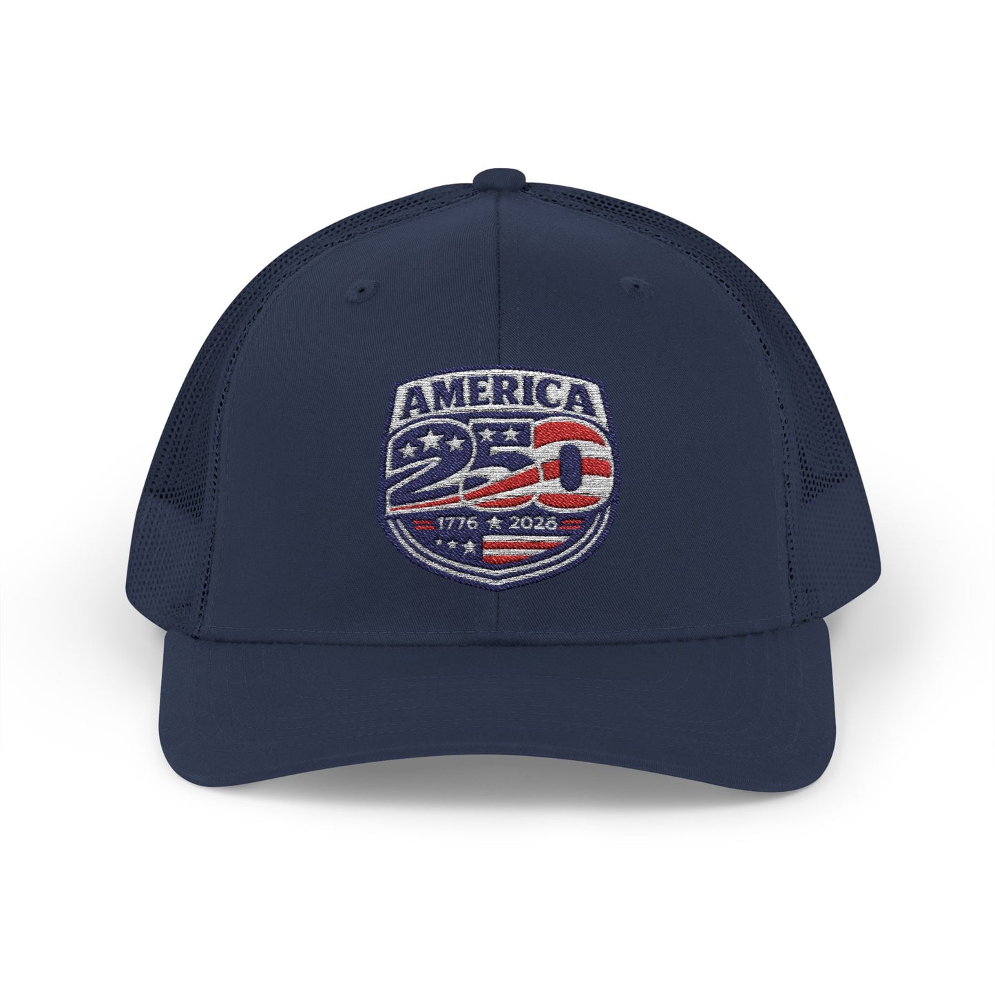 Navy blue cap with 'America 250' logo on a white background