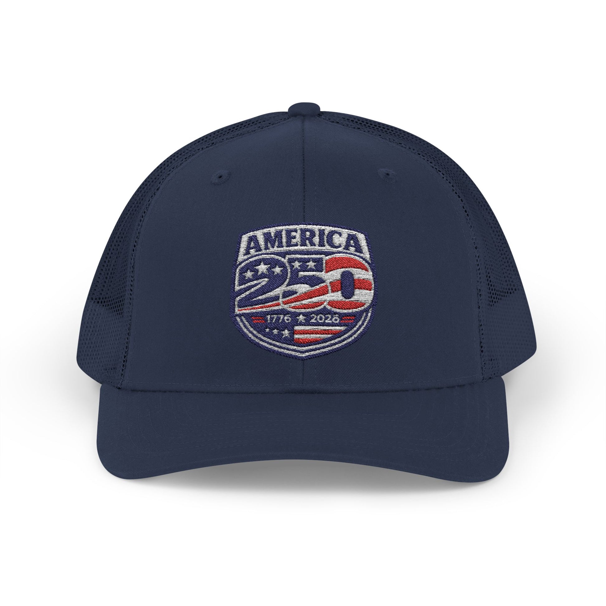Navy blue cap with 'America 250' logo on a white background