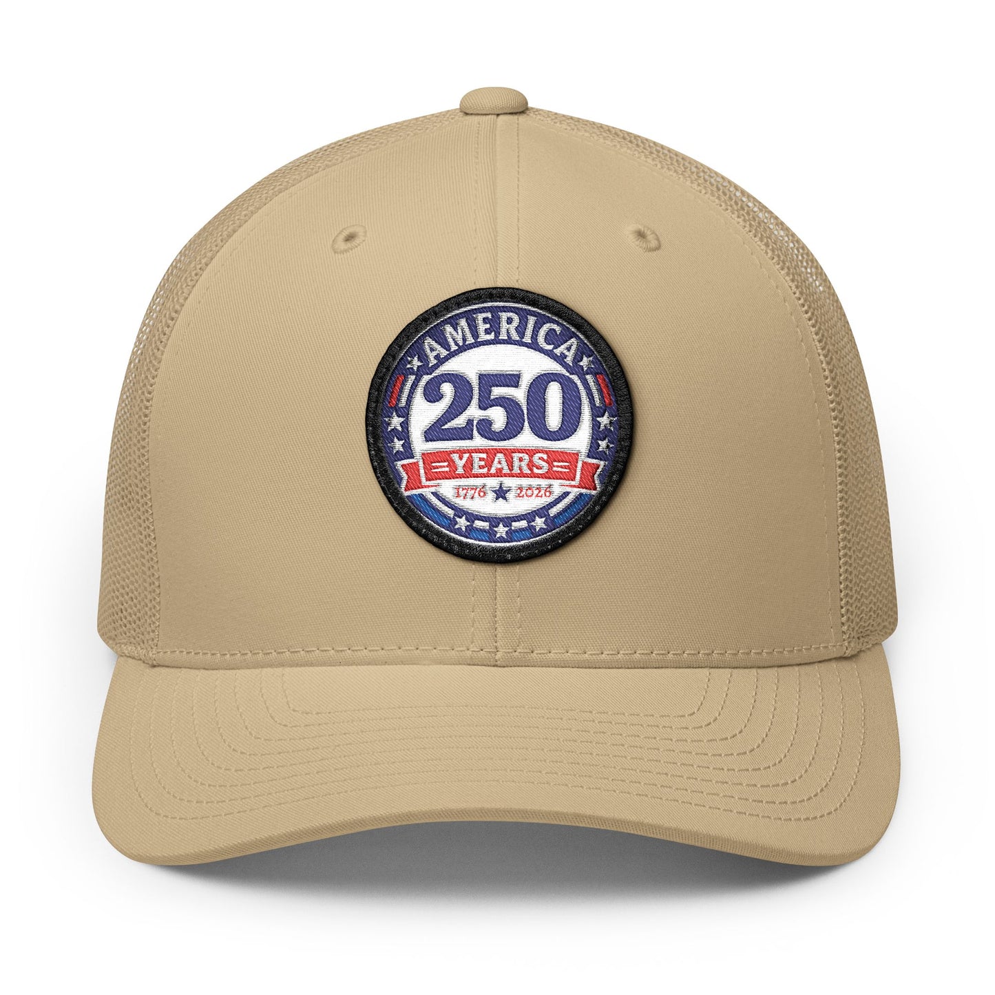 Khaki cap with a 'America 250 Years' patch on a white background