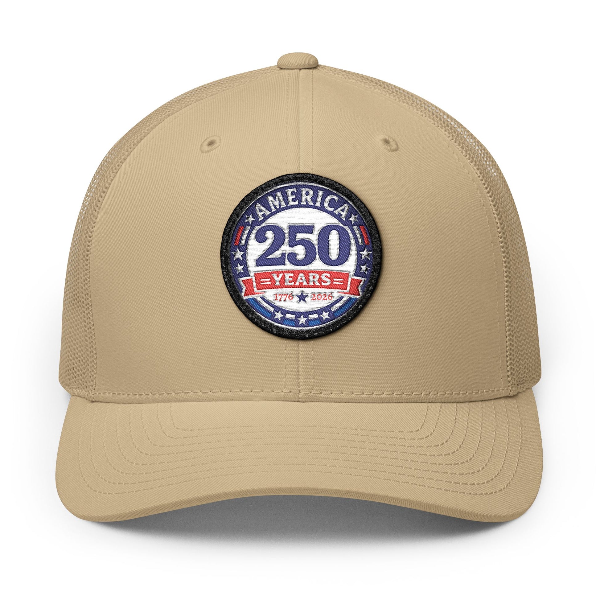Khaki cap with a 'America 250 Years' patch on a white background