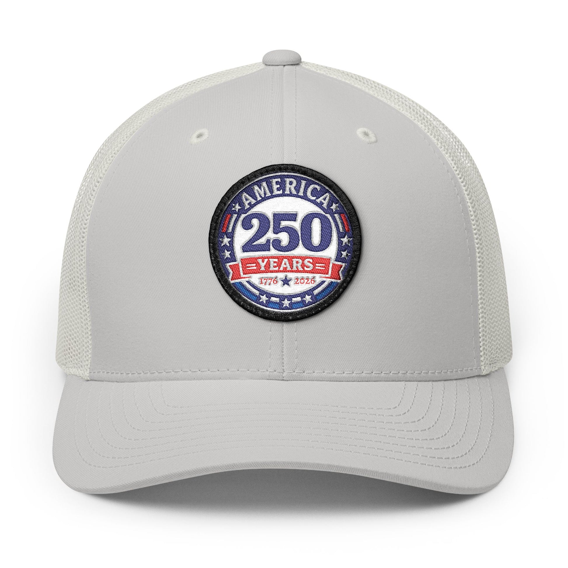 Gray cap with a 'America 250 Years' patch on a white background