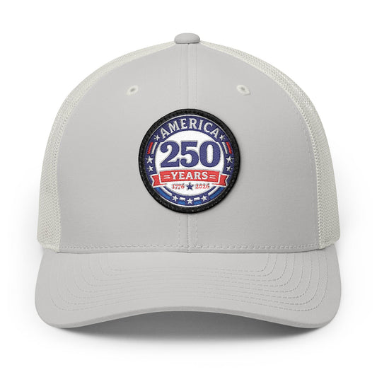 Gray cap with a 'America 250 Years' patch on a white background