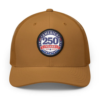 Brown cap with 'America 250 Years' patch on a white background