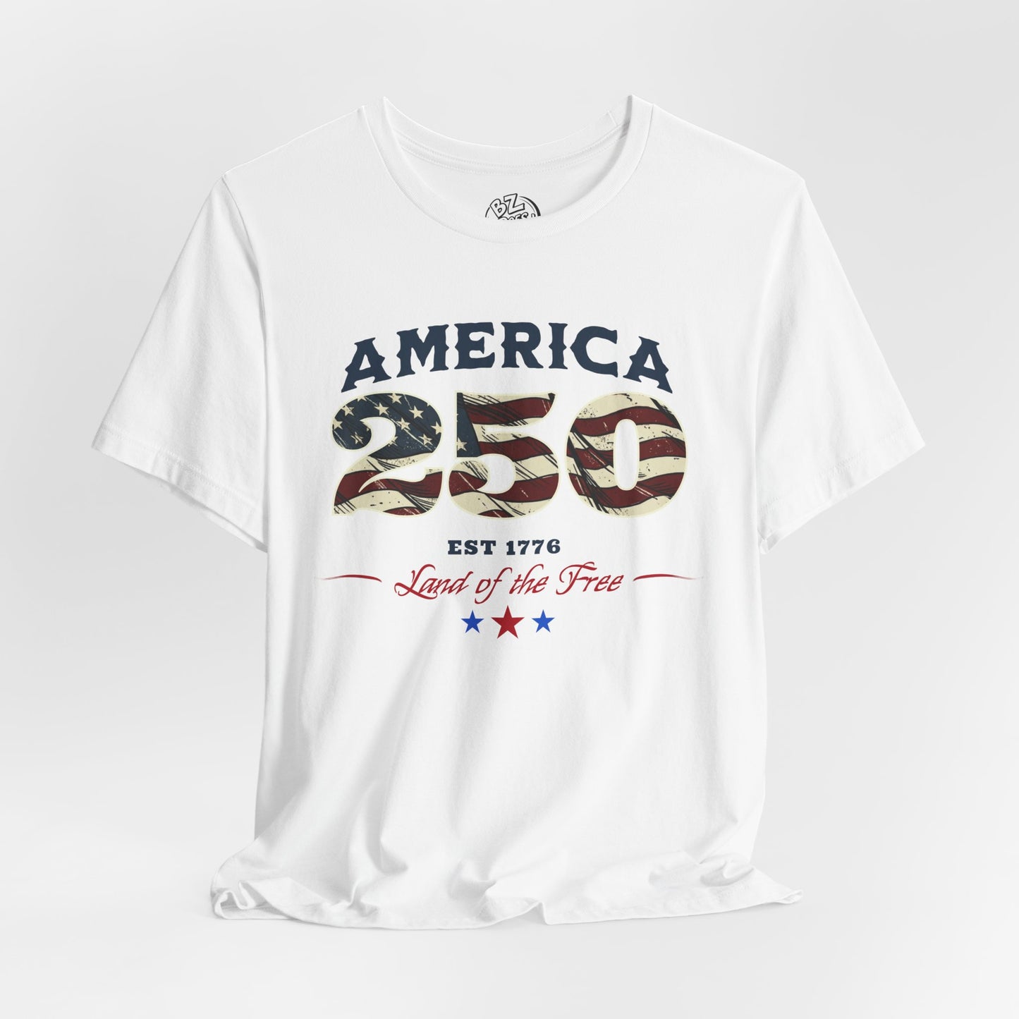White t-shirt with 'America 250' design on a white background