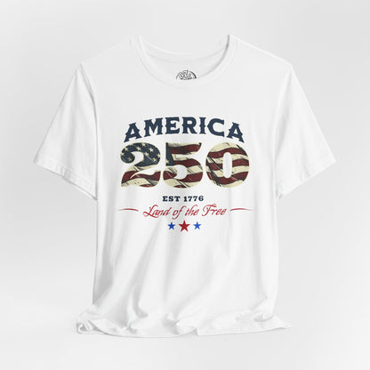 White t-shirt with 'America 250' design on a white background