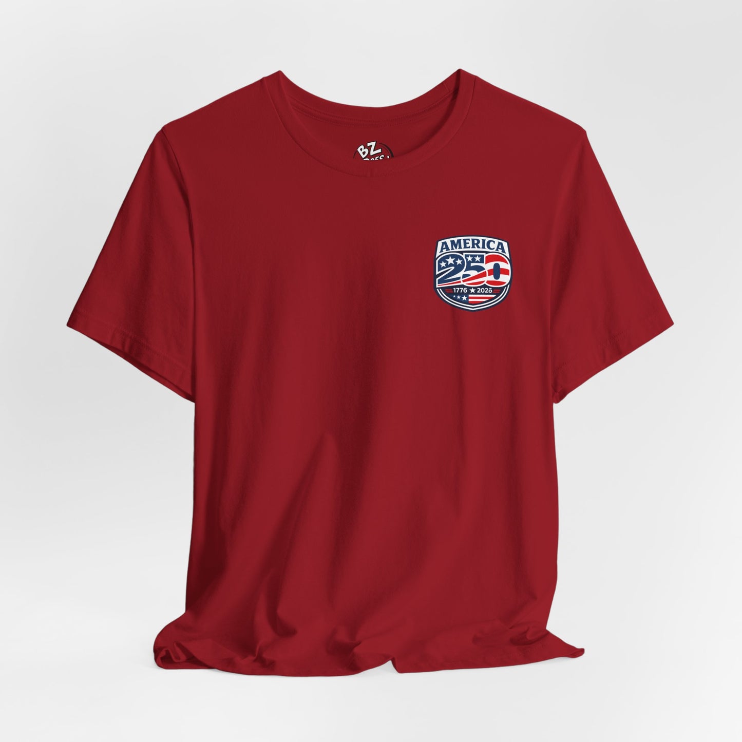 Red t-shirt with "America 250' on the chest against a white background