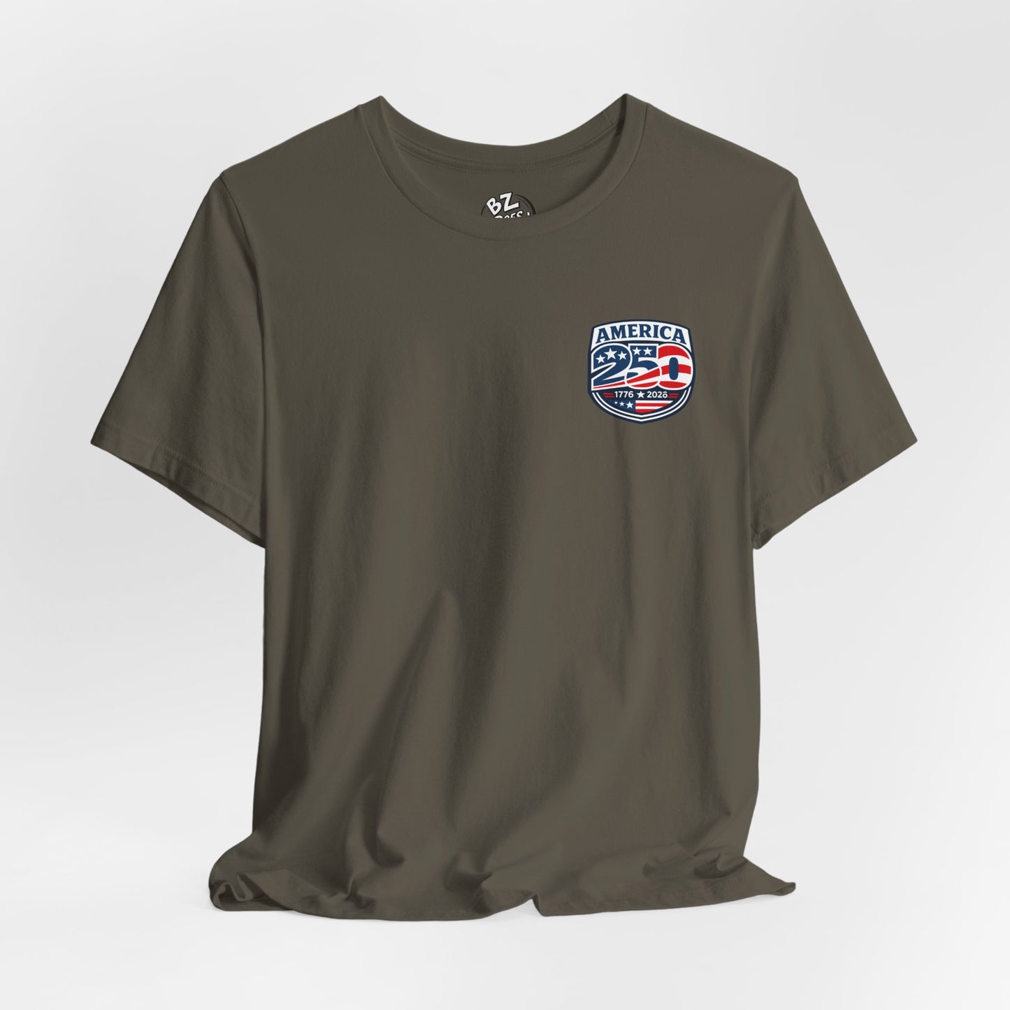 Army green t-shirt with 'America 250' graphic on the chest against a white background