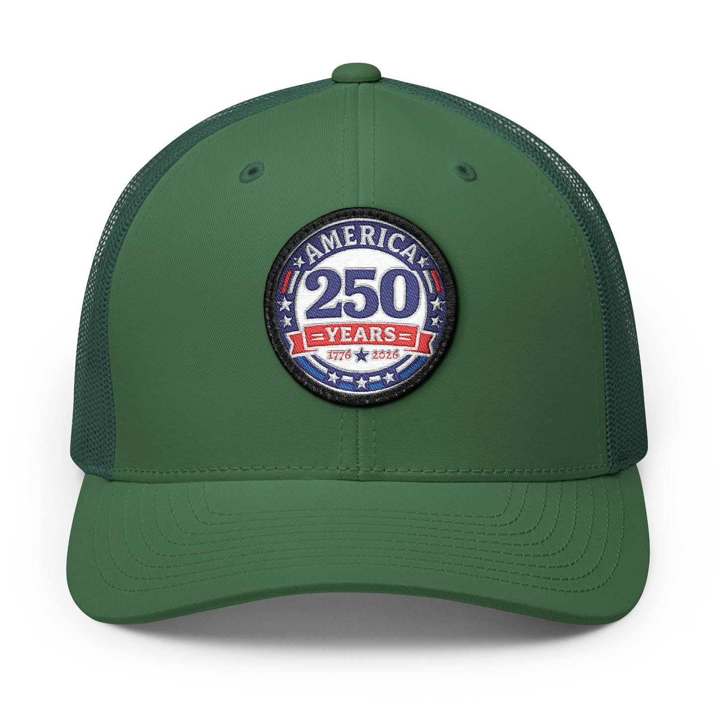 Green cap with a 'America 250 Years' patch on a white background