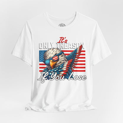 White t-shirt with an eagle graphic and American flag design on a white background