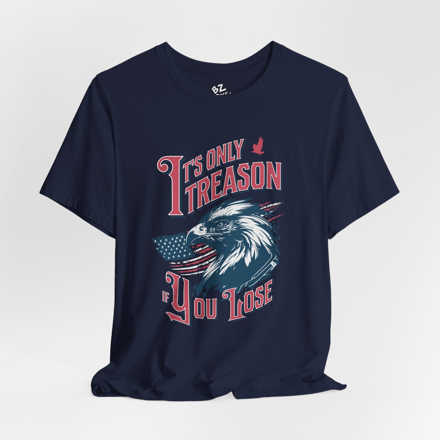 Navy blue t-shirt with graphic design and text on a white background