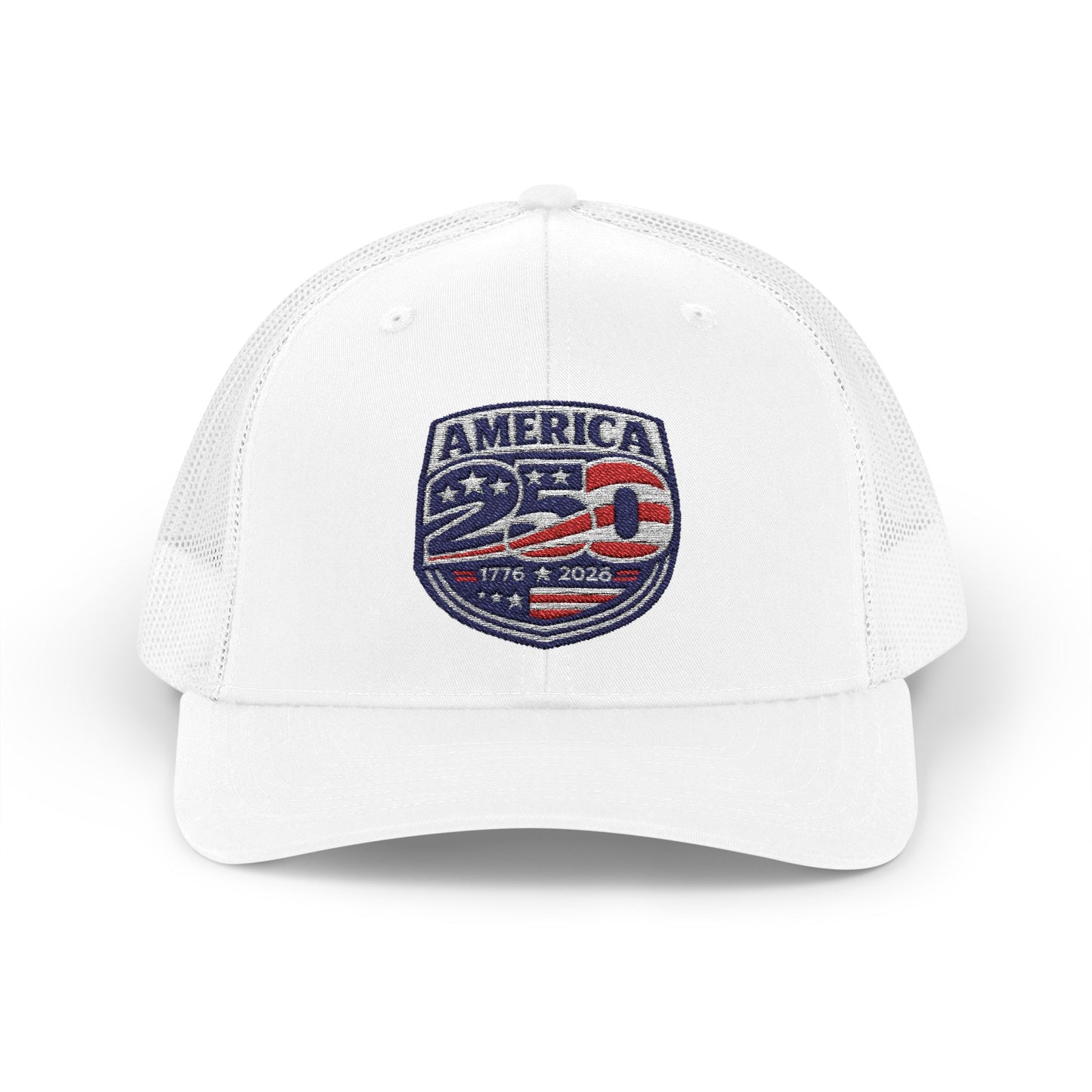 White/White mesh hat with America 250 logo