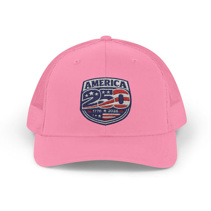 Pink cap with 'America 250' patch on a white background