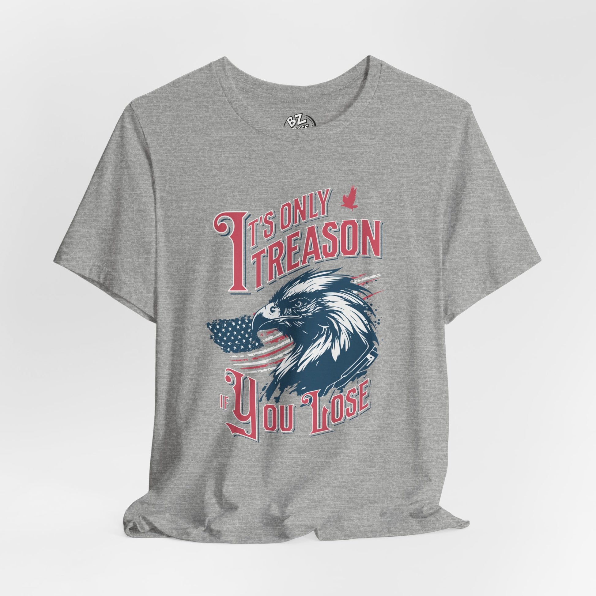 Gray t-shirt with eagle graphic design and text on a white background