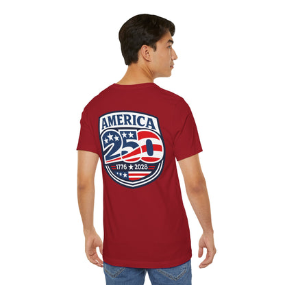 Person wearing red t-shirt with 'America 250' design on the back.