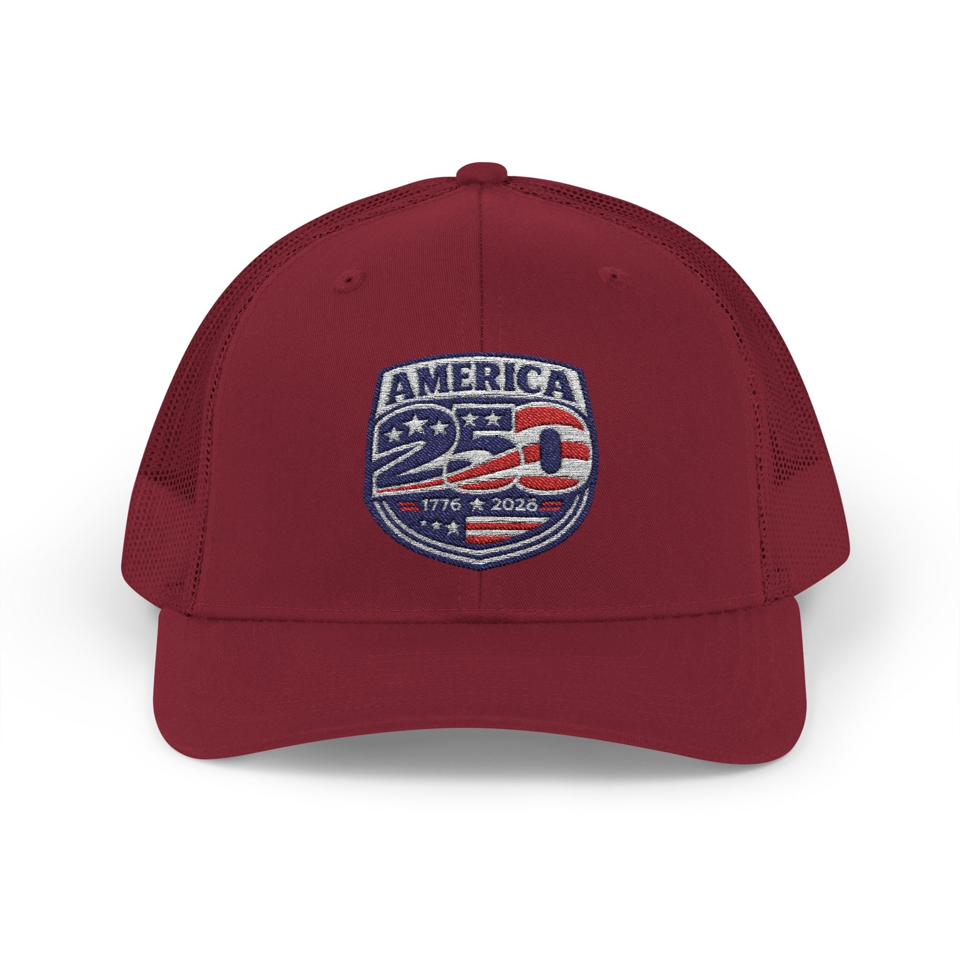Red cap with 'America 250' logo on a white background