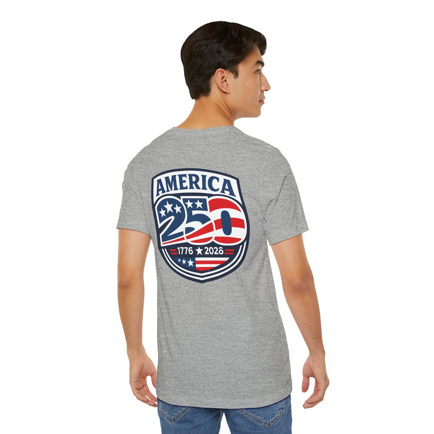 Person wearing a gray t-shirt with 'America 250' design on the back