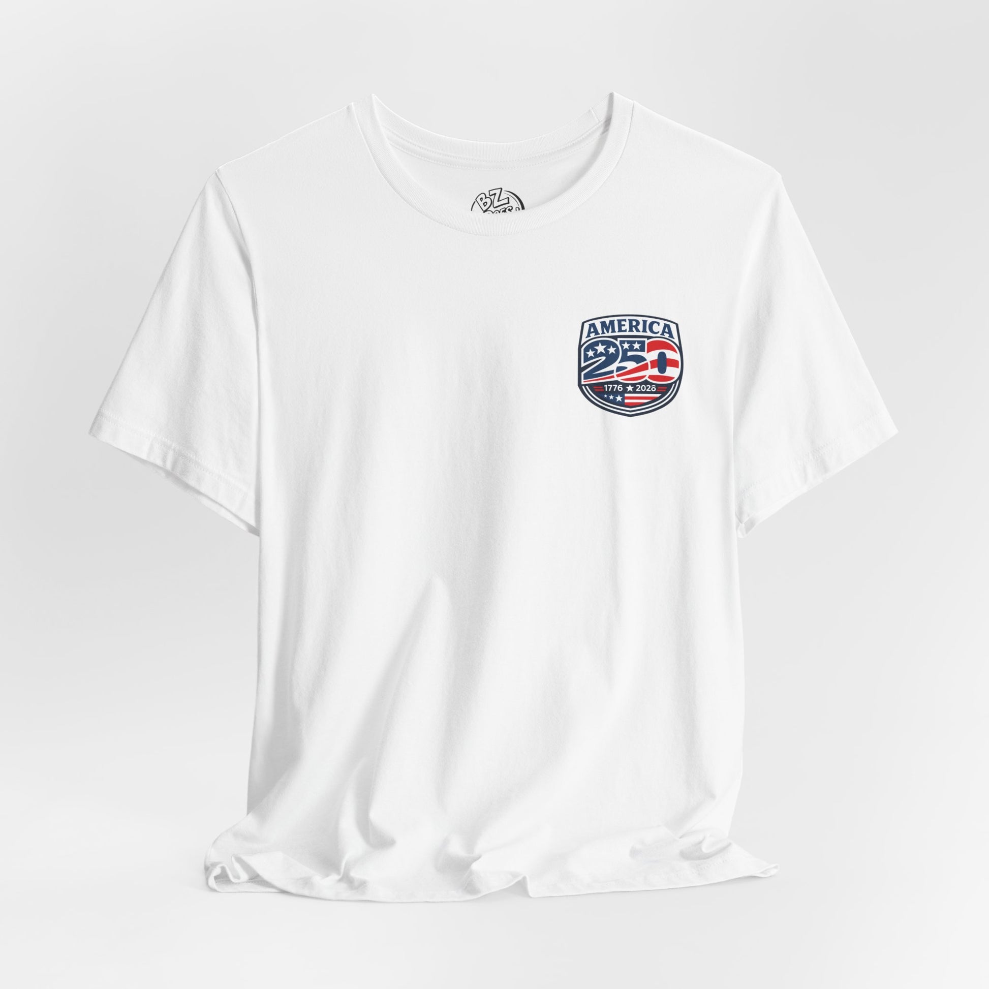 White t-shirt with 'America 250' graphic on a white background