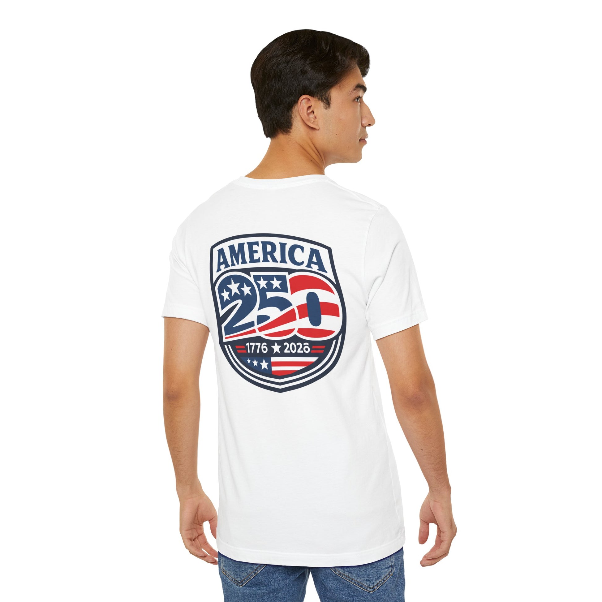 Man wearing a white t-shirt with 'America 205' design on the back, standing against a white background.