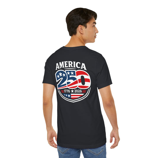 Person wearing a black t-shirt with 'America 250' design on the back, on a white background