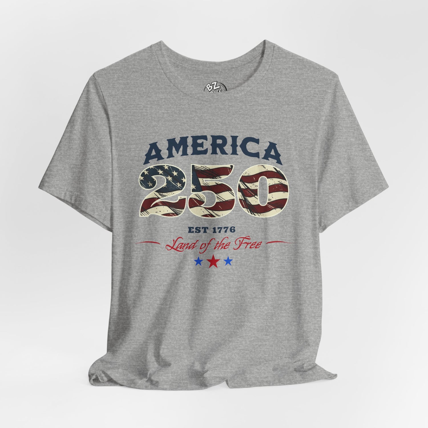 Gray t-shirt with 'America 250' design on a white background