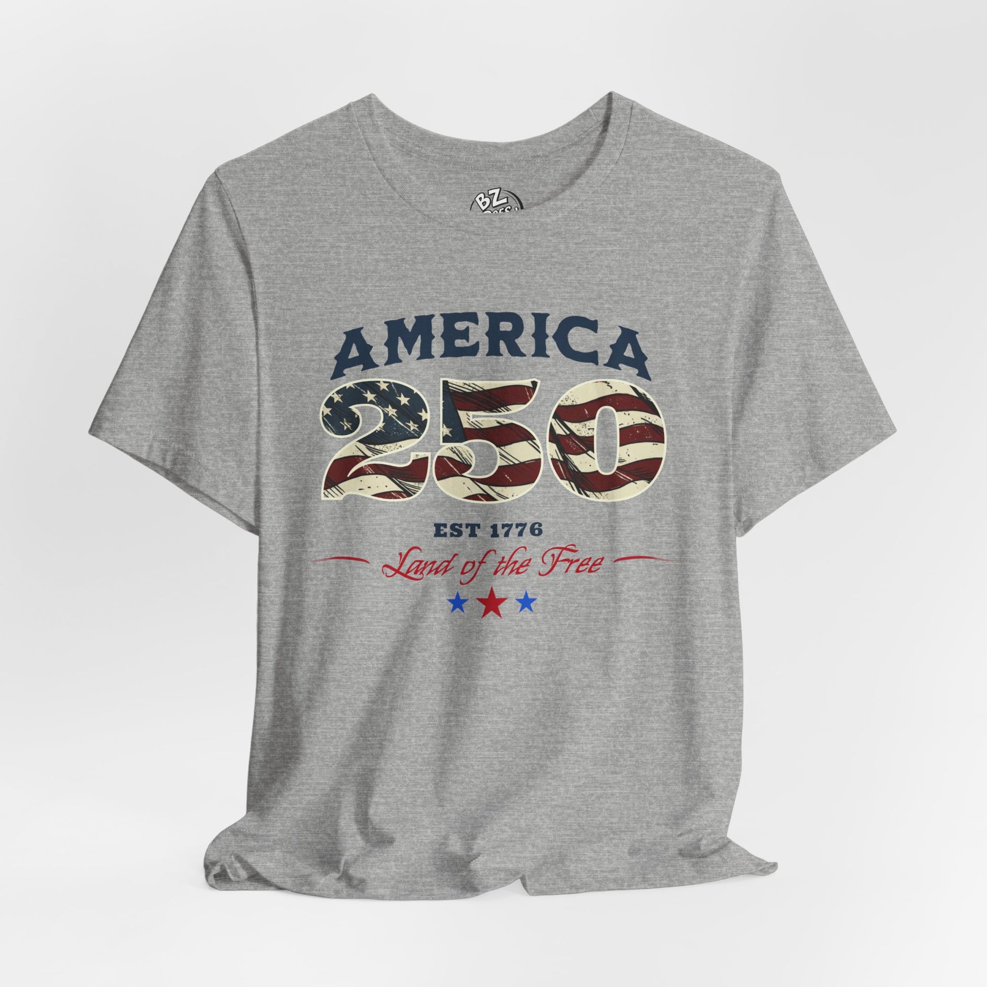 Gray t-shirt with 'America 250' design on a white background