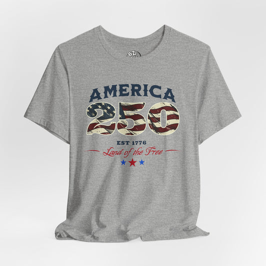 Gray t-shirt with 'America 250' design on a white background