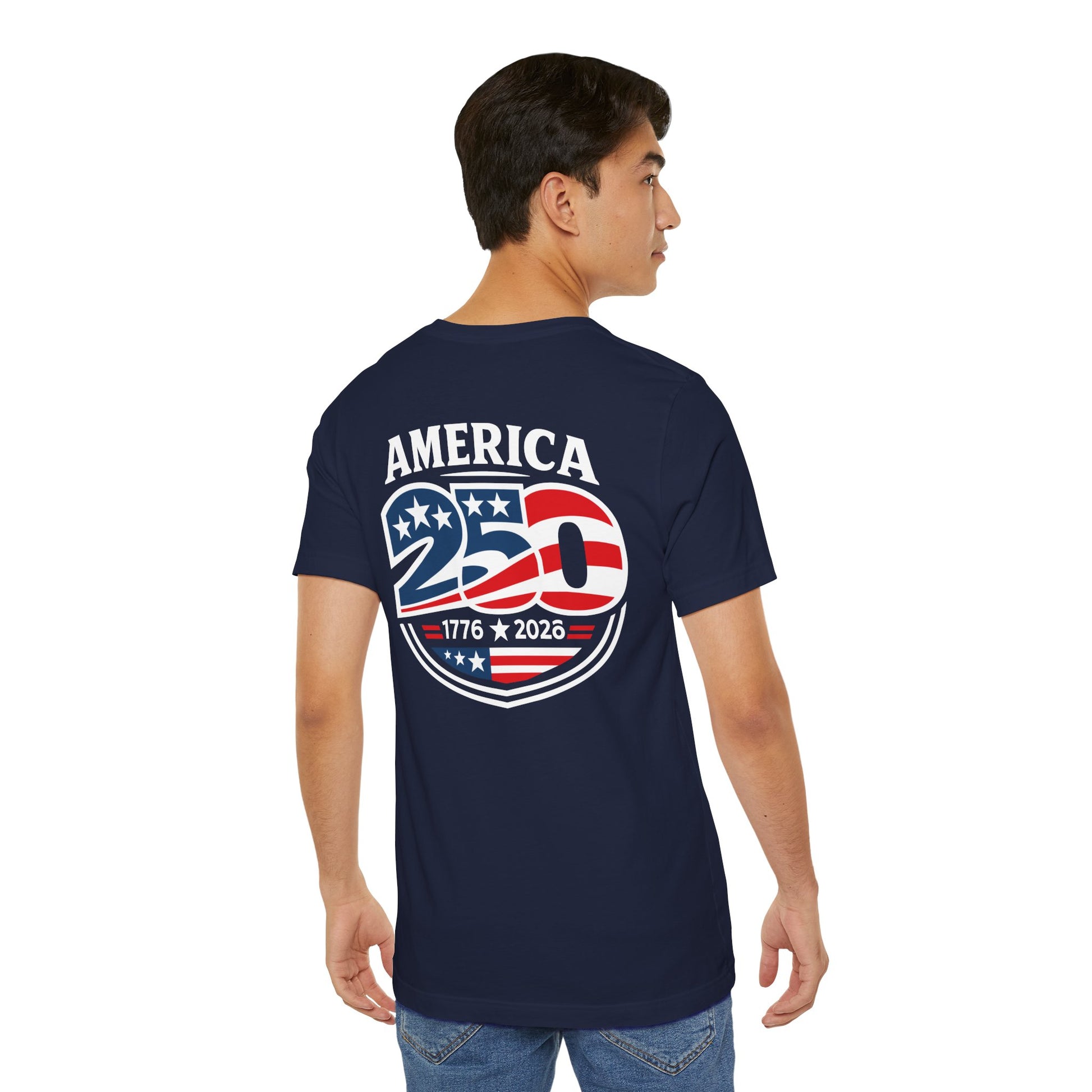 Person wearing a navy blue t-shirt with 'America 250' design on the back, on a white background