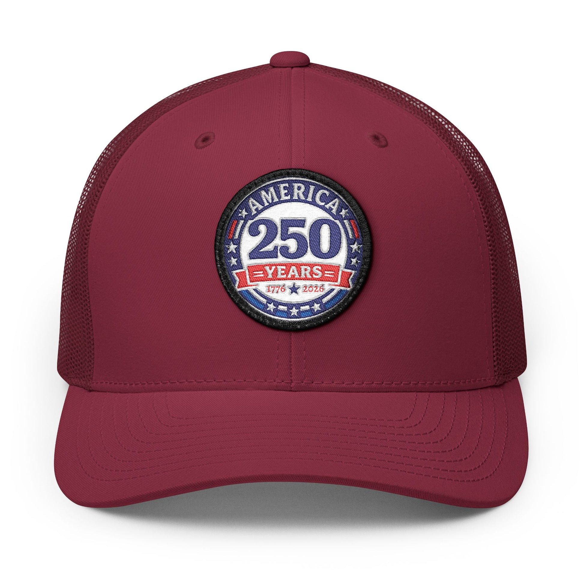 Maroon cap with 'America 250 Years' patch on a white background